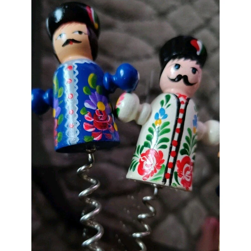 3 Hungarian Folk Art Wooden Painted Bottle Cord Screws & Stopper